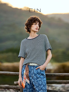 EIN Blue White Knitted round Neck T-Shirt Women Casual Short Sleeve Top Spring New Style Commute Artistic Regular Fit