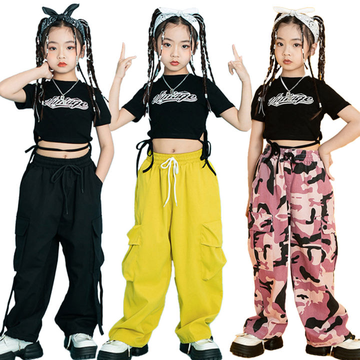 LOlanta Kids Girls' Jazz Croptop Jogger Pants Costume Outfit Hip-hop Street  Dance Camo Pants Suit Model Walk Show Stage Performance Wear