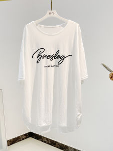 European Goods Loose Letter Print round Neck All-Matching Short Sleeve T-shirt Female Mid Length Long Length BF Idle Style Cool Half Sleeve Tops