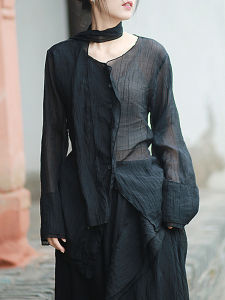 Transparent V-Neck Long Sleeve Shirt with Sash Mysterious Irregular Texture Lyocell Fabric Loose Fit Womens Summer Top