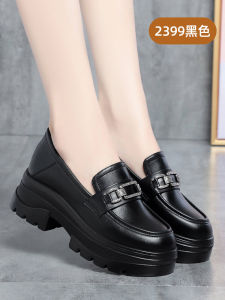 Womens Thick Bottom Slip-On Shoes Soft Leather Platform Flatform Loafers British Style Heightening White Small Leather Shoes