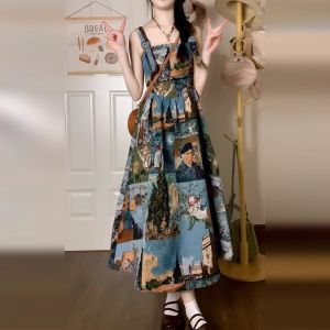 YNY | Vintage French Floral Print Strap Dress Spring Autumn Wearable