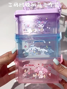 กล่องเก็บของSanrioลาย My Melody Cinnamoroll Kuromiสุดน่ารักมีฝาปิดกล่องเก็บเครื่องประดับและเครื่องสำอางอเนกประสงค์แบบซ้อนได้