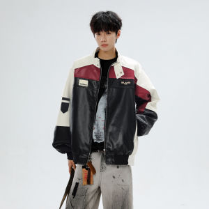 แจ็คเก็ตหนัง PU ทรงหลวมสำหรับผู้ชาย เอฟเฟกต์เมลาเดอร์ สไตล์เกาหลี แจ็คเก็ตมอเตอร์ไซค์ กันลม ทรงปกติ แขนยาว ปกติ