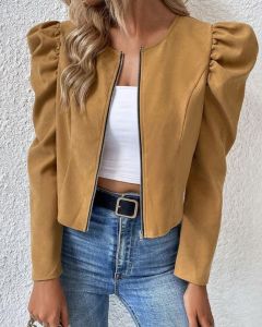 เสื้อแจ็คเก็ตแขนยาวแบบมีซิปเปิด ทรงพอง สำหรับผู้หญิง ฤดูร้อน 2025 เสื้อผ้ากีฬาลำลอง ไม่มีแบรนด์ ไม่มีเครื่องหมายการค้า ไม่มีราคา