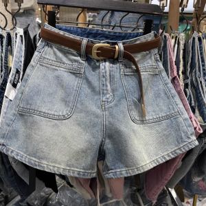 High Waist Washed Denim Wide Leg Short Pants Womens A-Line Hot Pants + Belt Summer New Korean Style Casual Shorts