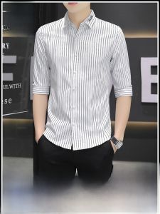 ROMON | Lormen Mens Summer Slim Fit Striped Shirt Breathable Thin Short Sleeve Fashionable Korean Style Half Sleeve Button Up Shirt