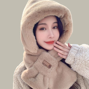 Thickened Fluffy Scarf Hat Two-In-One Winter Warm Ear Protection Cycling Cap Womens Style Polyester Fiber round Top Hat