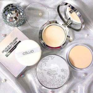 CÉLIO Collagen Tintomake Face Powder Compact with Mirror and Puff Elegant Design Pearls and Decorative Box. - HX2022