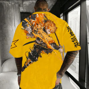 Bandai | Demon Slayer Anime Mens T-shirt Summer New Agatsuma Zenitsu Colorful Printed Harajuku Loose Casual Childrens Parent Child Top