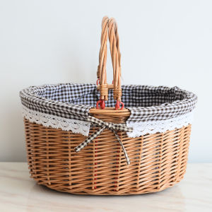 Wicker Storage Basket Outdoor Handheld Vegetable Egg Basket Grass Woven Picnic Basket Covered Lid Gift Basket Home Organization
