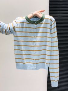 Salt Series Anti-Aging Chill Color Block Striped Knitted Open Cardigan Womens Spring Autumn Sweater Single Button Outerwear Top