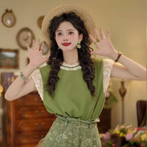 Shalldoer | Summer Anti-Aging Womens Vintage Style Lace Splicing Sleeveless T-Shirt Floral Print A-Line Mini Skirt Two-Piece Set