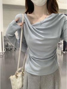 GEBOFU | Sleeve Design Knitwear Elegant Drape Frill Slant Neck Slimming Long Sleeve Knit Shirt