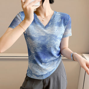 YIMEI 2025 Fashion Summer High Elastic Mesh Printed Womens T-shirt Slim and Stylish Short Sleeve V-neck Tie dye Top