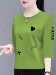 Pure ผ้าฝ้าย เสื้อยืดผู้หญิง ฤดูร้อน ใหม่เกาหลี หลวม พรางหุ่น แขนสามส่วน คอกลม ลำลอง เสื้อท่อนบน อินเทรนด์ ผู้หญิง เสื้อยืด