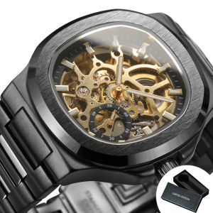 Forsining | Forsining Luxury Mechanical Watch for Men Fashion Square Skeleton Automatic Watches Stainless Steel Strap Business Wristwatches