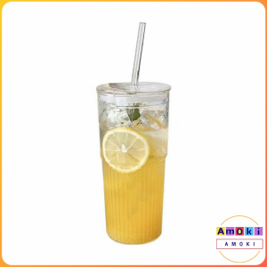 Amoki 550ml Creative Glass Water Cup with Straw and Lid Juice Milk Tea Coffee Cold Drink Mug