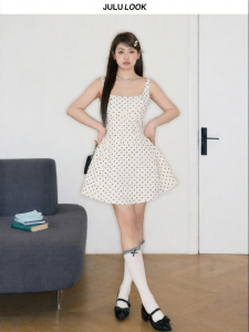 JULULOOK | Đầm Cinched eo Chấm bi Cổ vuông Phù hợp mọi dáng người