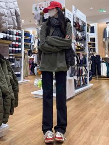 กางเกงยีนส์ทรงตรงเอวสูงทรงสลิมฟิตสำหรับผู้หญิง ฤดูใบไม้ร่วง 2024 กางเกงยีนส์ทรงสลิมฟิตทรงยาวลำลองสีดำ