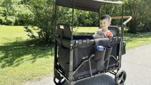 2 High Seats Folding Stroller Wagon for 2 Kids with Protection 5-Point Harnesses Button Buckle