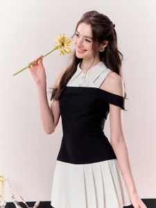 Obgd Spicy Girl Summer Dress Shoulder Bared A-Line Mini Skirt Korean Style White Moon Light Color Block Plaid Womens Dress