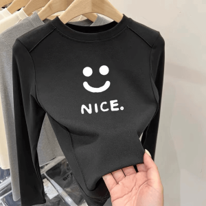 Cartoon Kurokos Letter Print round Neck Long Sleeve Thermal T-Shirt for Girls Fashionable Versatile Polyester Blend Warmth Kids Top