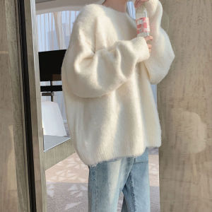 Retro Japanese Design Loose White Sweater Lazy Style High-End Feeling Womens Top Sweet Style Straight Tube Pure Color Autumn Winter New Arrival