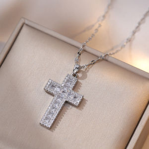 Luxury Purple White Zircon Big Cross Pendant Clavicle Necklaces For Women Stainless Steel Chains Choker Birthday Jewelry Gifts