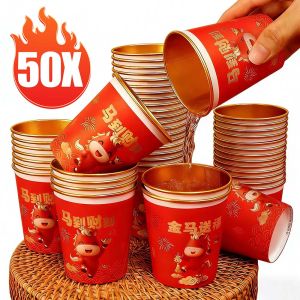 50Pcs 2026 Horse Year Disposable Paper Cup with Festival Cartoon Pattern Chinese New Year Gold Foil Thickened Drinking Tea Cup Anti-Scalding