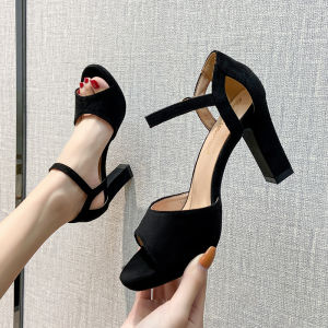 รองเท้าแตะส้นสูงแบบสวมหัวโล่งสำหรับผู้หญิง ทรงส้นหนา ทรงหัวมน สไตล์ฤดูร้อน 2025 รองเท้าทำงานสีดำ รองเท้าแตะแบบสวมหัวโล่งสำหรับกลางคืน