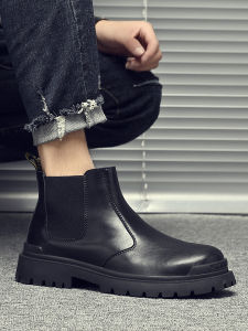 รองเท้าบูทมาร์ตินหนังแท้ส้นหนาสำหรับผู้ชาย สไตล์อังกฤษ รองเท้าบูทสั้นฤดูหนาว รองเท้าบูทเชลซีสีดำ รองเท้าบูทลำลองสำหรับผู้ชาย