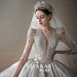 French Heavy Work Wedding Dress Princess Style Retro Fashion Bridesmaid Gown with Belt And Sequins High Waist Long Train
