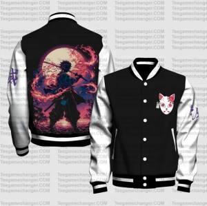 Bandai | Demon Slayer Kimetsu No Yaiba Anime Baseball Jacket Black White with Cat Mask Front and Dynamic Battle Scene Print