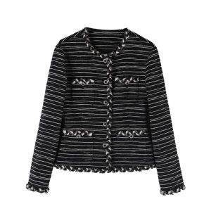 WinnieTang Slimming Contrast Color Stripe Mixed Fabric Sequin Weave Belted round Neck Jacket for Women Fashionable Warmth