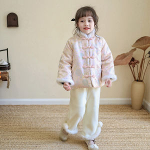 Girls New Year Traditional Chinese Costume Fleece Lined Cotton Padded Hanfu Set Vintage Style Childrens Clothing Winter Outfit