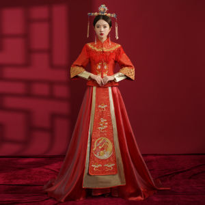 Chinoiserie Wedding Dress NinaDing Brand Long Sleeve Dragon And Phoenix Pattern Embroidered Gown with Shawl Train for Bride