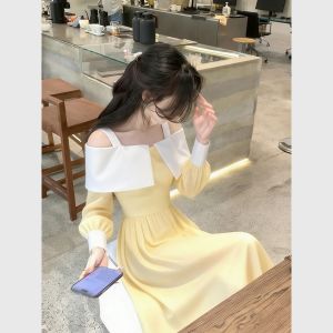 Elegant French Yellow Strapless Belted Dress