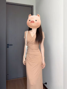 ชุดเดรสยาวเอวสูงทรงเข้ารูปสไตล์เกาหลี SYJ เดรสยาวคอวีกระโปรงสั้นทรงเข้ารูปสไตล์ฝรั่งเศสเซ็กซี่สำหรับผู้หญิงไซส์ใหญ่