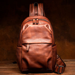 กระเป๋าคาดอกหนังแท้แฮนด์เมดแฟชั่นสไตล์วินเทจกระเป๋าสะพายข้างแบบลำลองกระเป๋าสะพายไหล่เดียวหนังวัวฟอกฝาดชั้นบนสุดกระเป๋าเป้ผู้ชาย