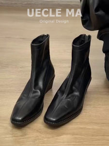MASHUJIA | Cowhide Leather Commuter Ankle Boots Heeled
