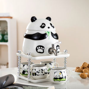 Ceramic Panda Water Set Cute Home Use Cold Hot Tea Pot with Tap Cool White Opening Living Room Cup Rack Barrel Nordic Style