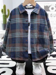 Boys Plaid Long Sleeve Shirt Spring Autumn Fashionable Checkered Top for Kids Ages 4-14 Korean Style Stand Collar Chinese Production