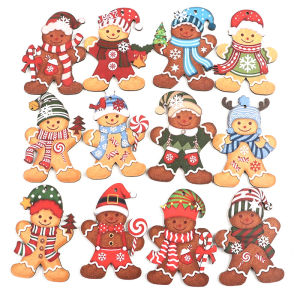 (12 Pcs/pack) 5.24-8.1cm Christmas Gingerbread Man Wooden Pendant Set Christmas Decoration Festival Party Window Hanging Colorful Woodblock Graffiti DIY