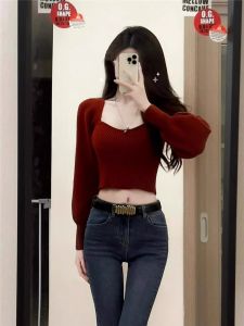 PEIXI | Retro Red Square Collar Puff Sleeve Sweater