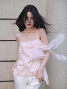 Elegant Pink Halter Neck Top Womens Summer Fashion Layered Tassel Detailing Sweet Style Loose Fit Single Piece Solid Color