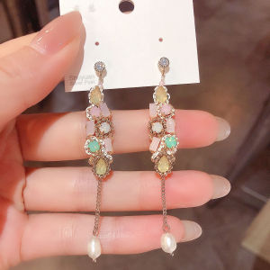 Elegant Bohemian Style Pearl Crystal Fringe Silver Needle Earrings Trendy Ethnic Fashion Jewelry Womens Accessory