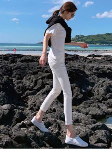 Quần Jeans Denim Co Giãn Cạp Cao Màu Trắng Cho Nữ Quần Ống Thẳng Ôm Vừa Vặn Quần Ống Loe Brevet Co Giãn Mùa Xuân Thu Đông