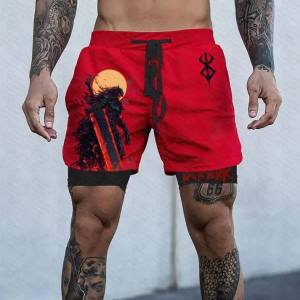 Mens 2-Layer Athletic Shorts with Berserk Manga Sketch Print Black Swordman Character Battle Scene for Casual Sports Wear