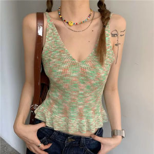 Summer New Style Womens Short Knitted Vest Colorful Stripes Sleeveless Fitted Design Sensation Wood Grain Edge Trendy Top